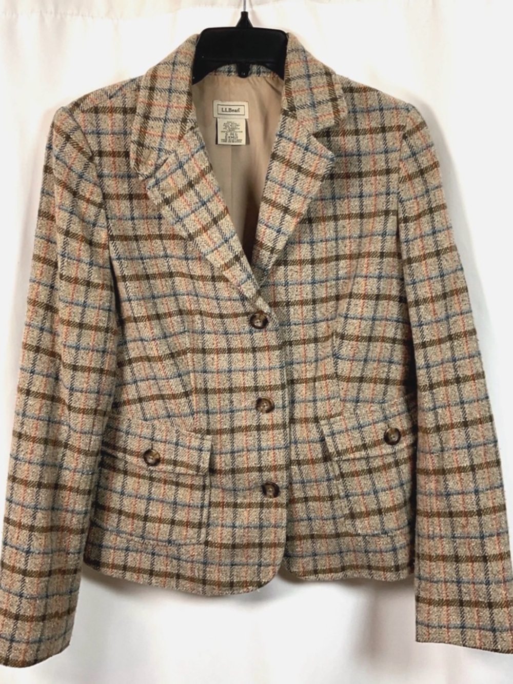 LL BEAN Womens Vintage Size Small Tan Brown Gray Wool Blend Tweed Blazer Jacket